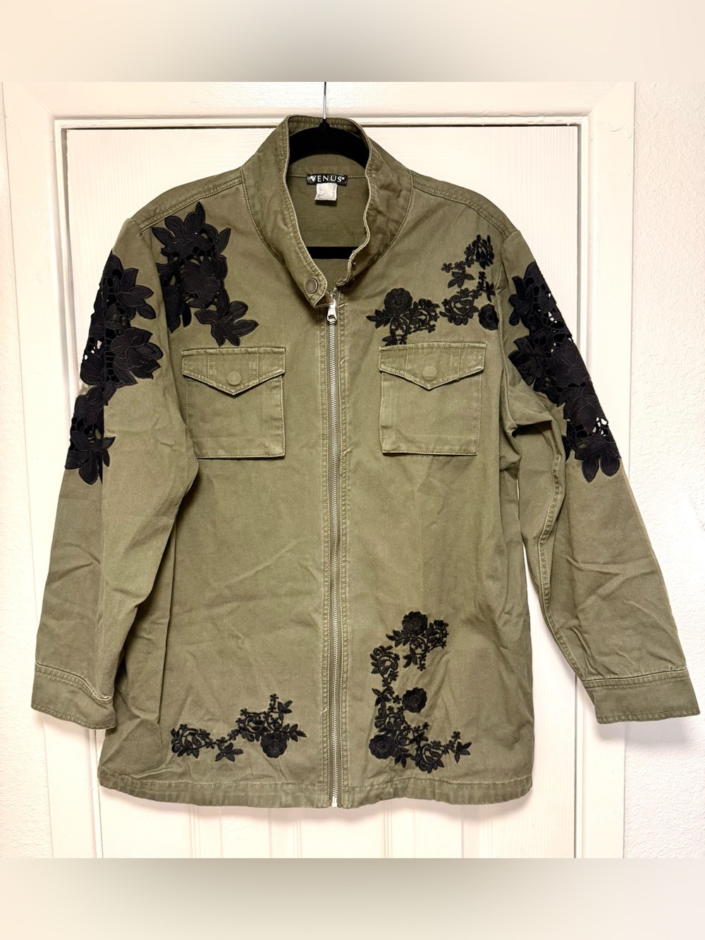 VENUS Olive Green Jacket with Black Floral Design